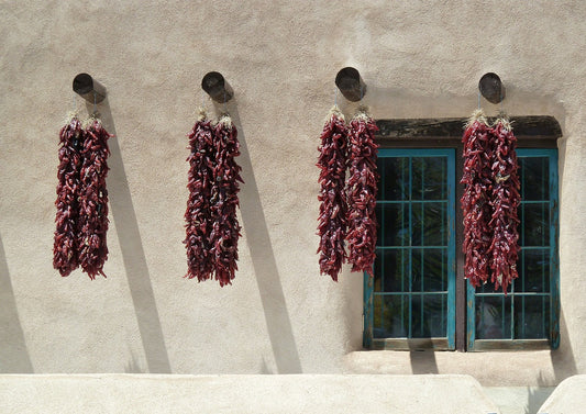 home grown chili peppers hanging up to dry
